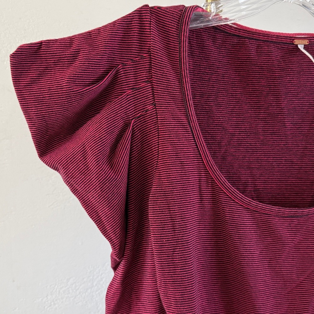 Free People Deep Red and Black Long Puff Sleeve Cotton Top Small